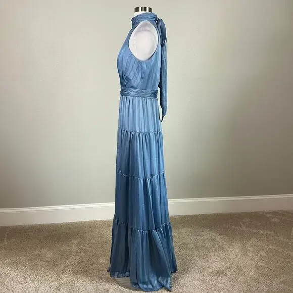 Mac Duggal 70168 Metallic Halter Long A-Line Evening Gown Blue Size 10 Dress - Picture 6 of 11